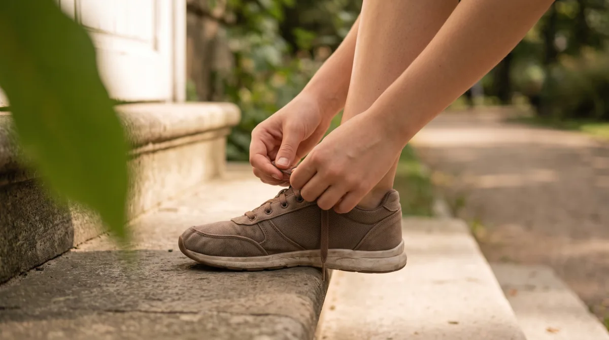 Close-up of hands tying a running shoe on a park step before a morning run
