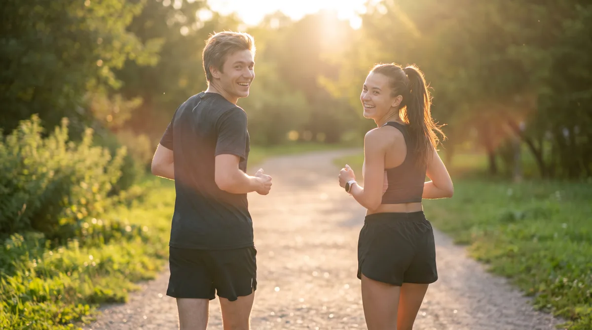 Two runners mid-stride and laughing together along a tree-lined path in Izmailovsky Park on a warm late-summer morning