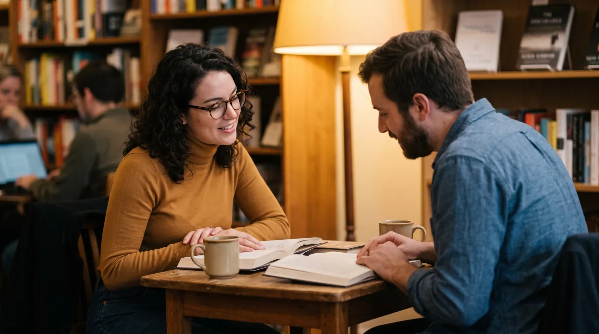 Two young people in quiet conversation over books in a warm bookshop corner