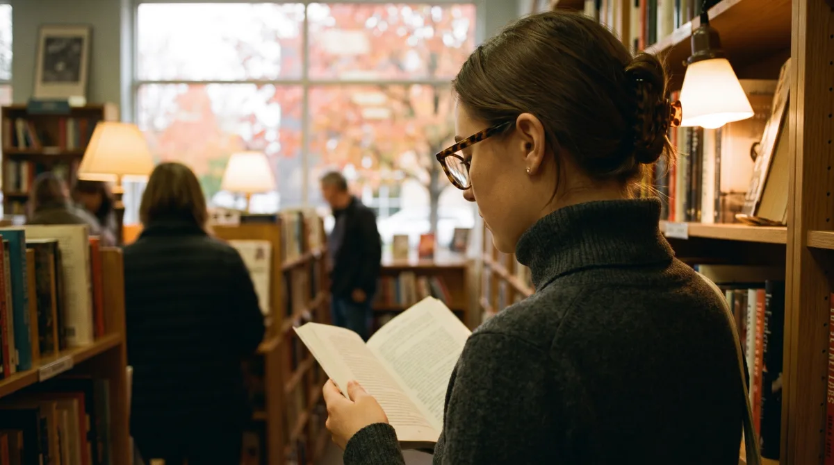 A young woman in glasses browsing shelves in an independent bookshop, an open book in hand