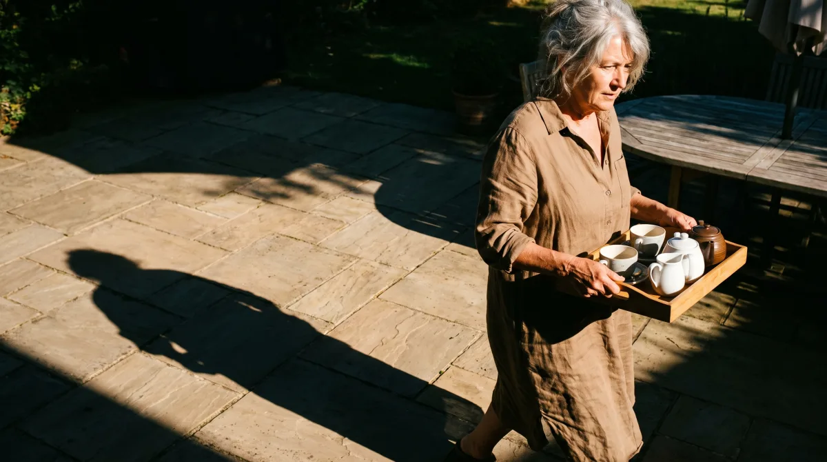 A stylish woman in her early sixties in a linen dress stepping from a shaded doorway into a sunlit late-August garden, carrying a tray