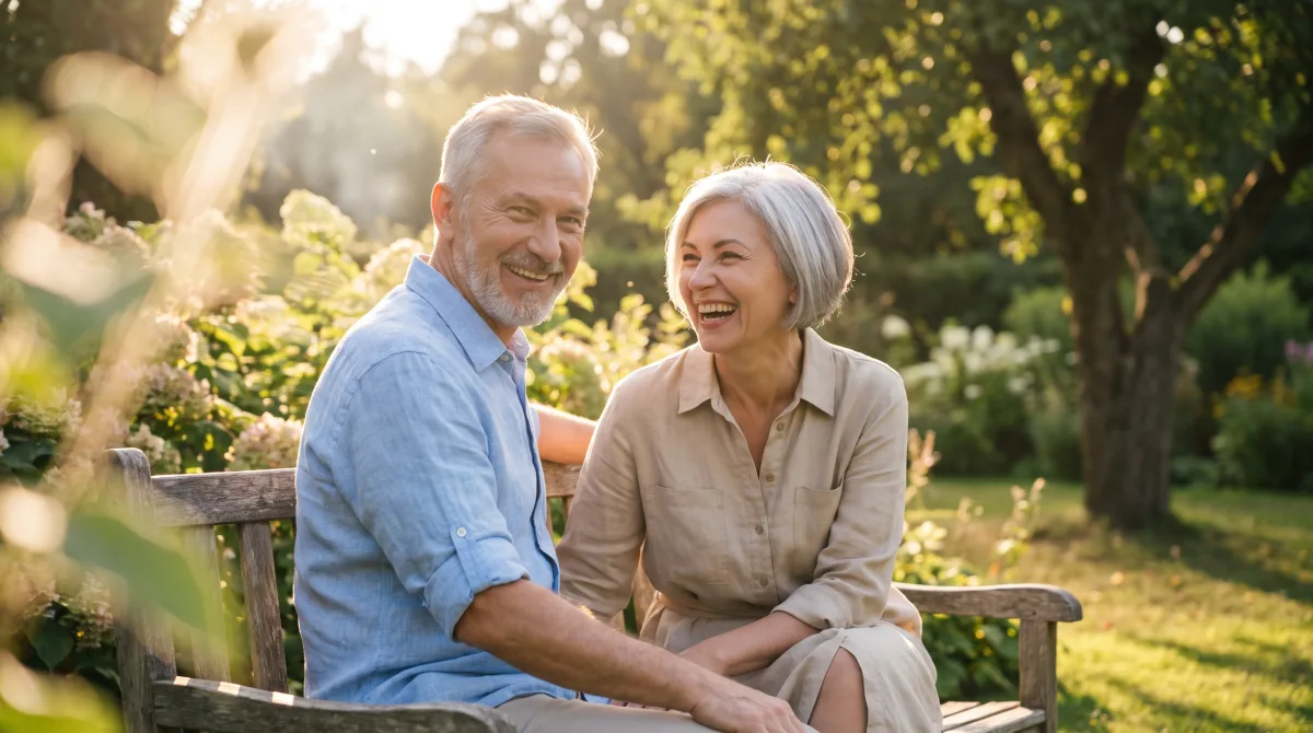 A stylish, well-dressed couple in their late fifties laughing together on a garden bench in late-August light, turning toward the camera mid-laugh