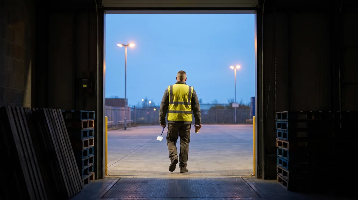 A warehouse worker in a hi-vis vest walks out of a loading dock into blue pre-dawn light, streetlamps still lit, badge swinging from a lanyard
