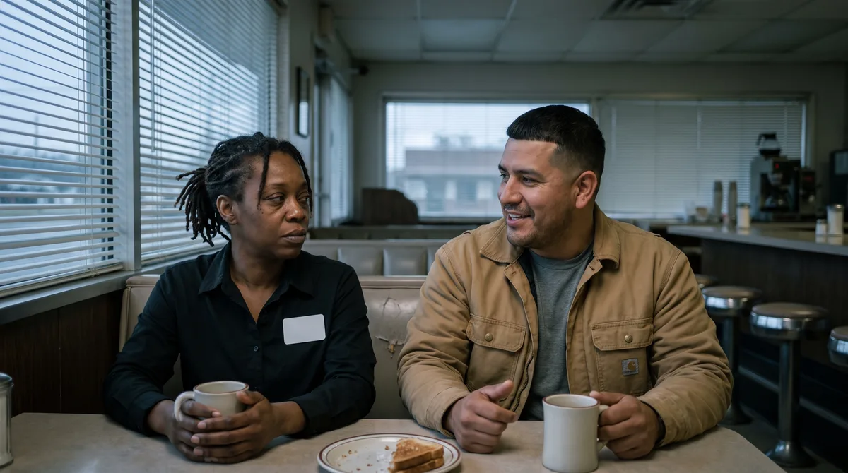 Two people share coffee across a small diner table at five in the morning, one still wearing a name badge, grey early light through the blinds