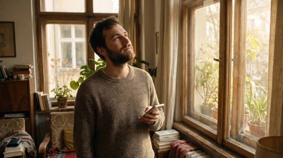 A single parent standing at a sunlit window in a warm home, taking a hopeful moment