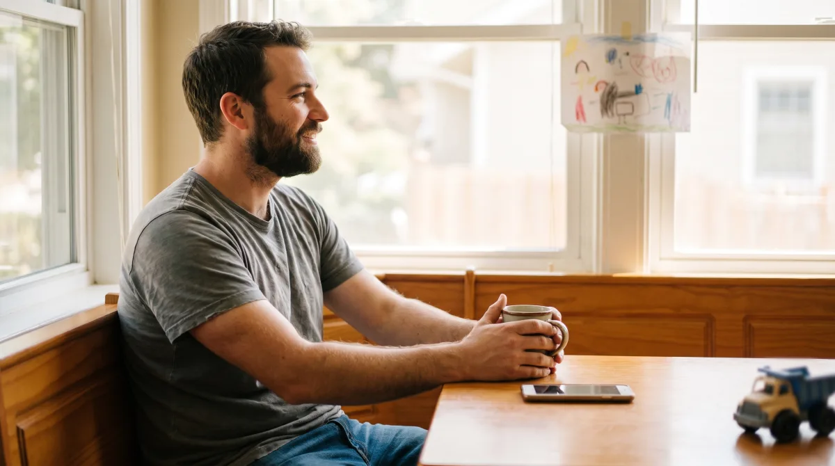 A young single father enjoying a quiet morning coffee by a sunny window, a child’s drawing pinned nearby