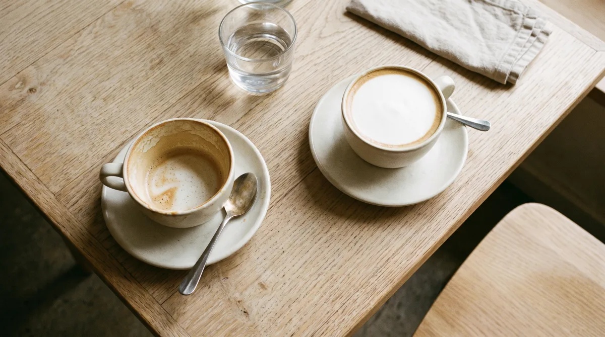 Two cups sit on a café table, one half-empty and the other untouched, with no one in the frame