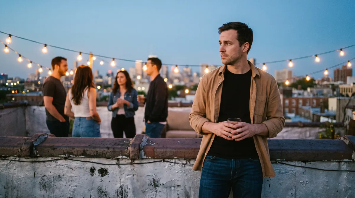 A person standing slightly apart at the edge of a small rooftop gathering, holding a glass, early evening string lights