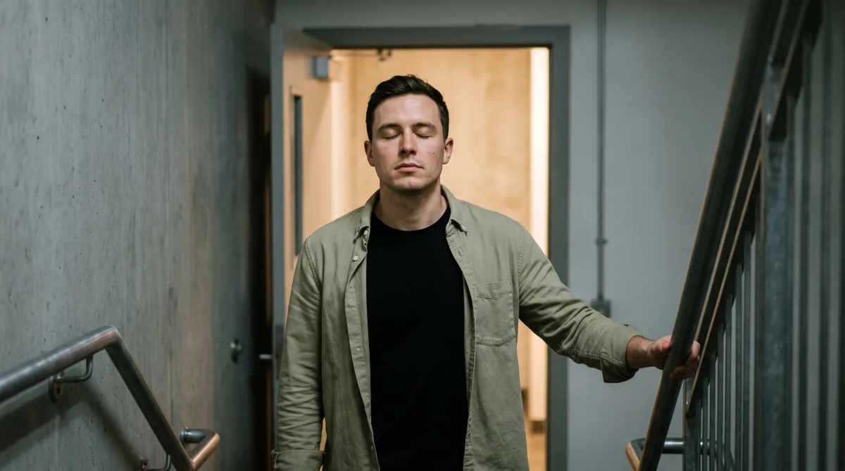 Someone pausing in a quiet stairwell, taking a breath before going back into a room
