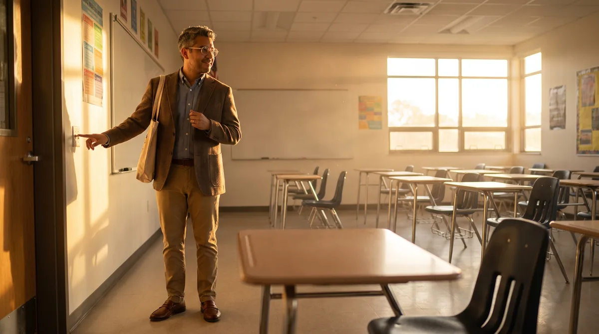 A teacher alone in an empty classroom at day's end, turning off the lights, tote bag over one shoulder, low gold light across the desks