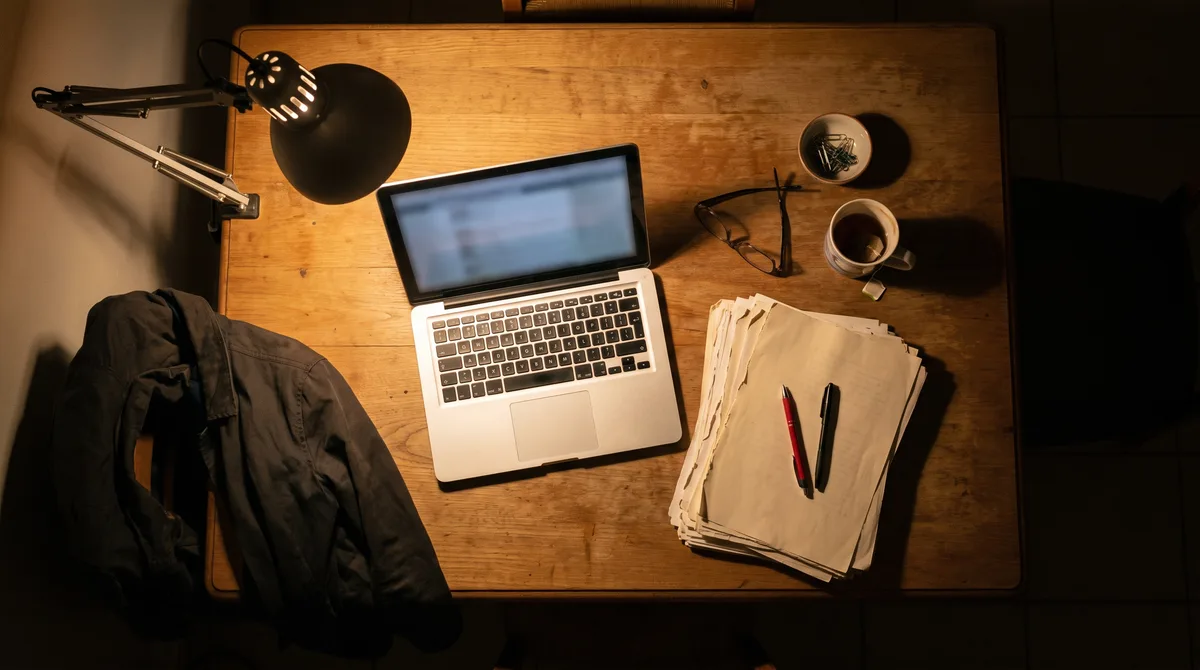 A teacher's kitchen table at night, laptop open beside a tall stack of graded papers under one desk lamp