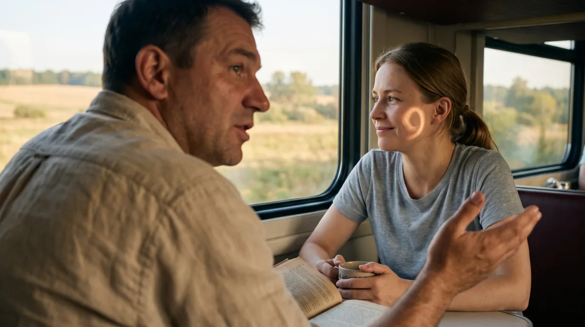 Two travelers mid-conversation in a Russian long-distance train compartment, late-summer light crossing the window