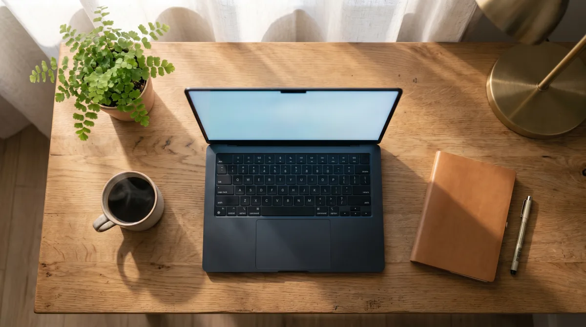 A tidy home desk nook lit by soft morning sun, a laptop screen glowing gently out of focus