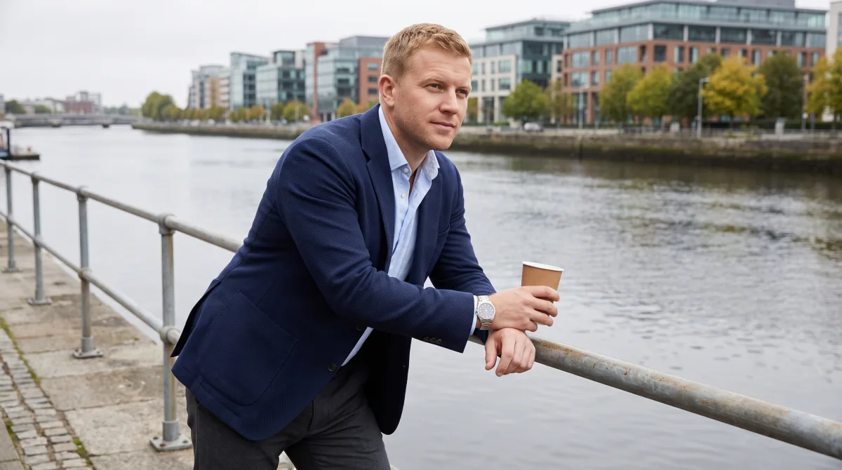 A man in a jacket leaning on a railing along a river embankment in early morning light, alone and unhurried