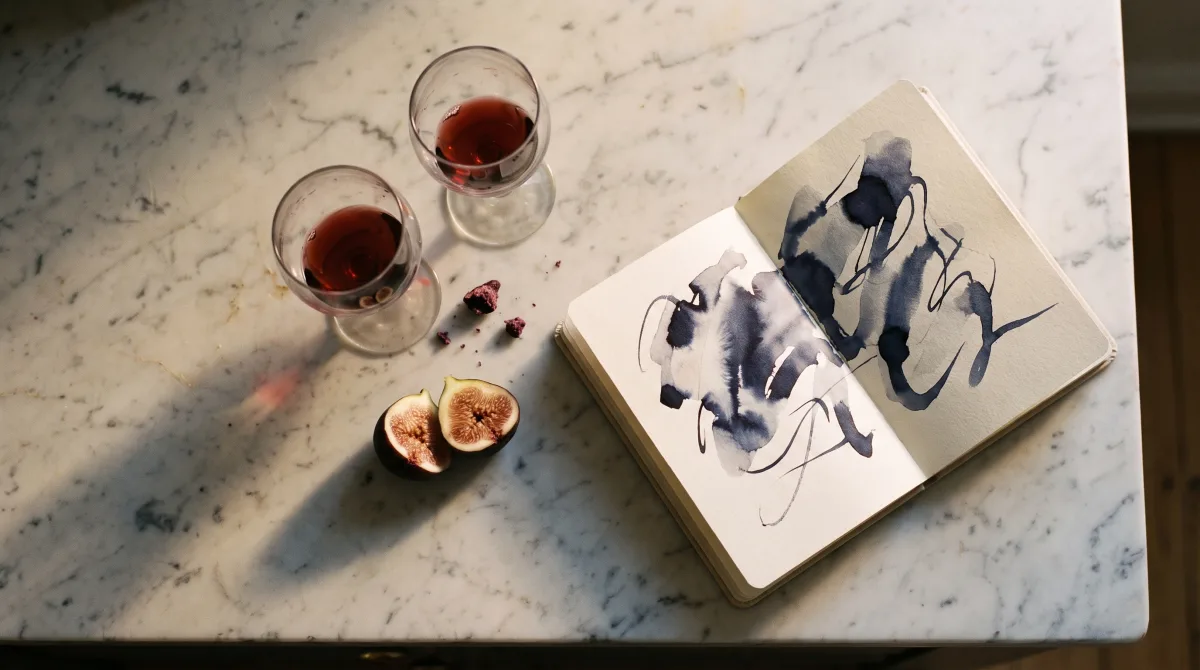 Two wine glasses, a halved fig, and an open notebook of handwriting on a marble counter in warm side light