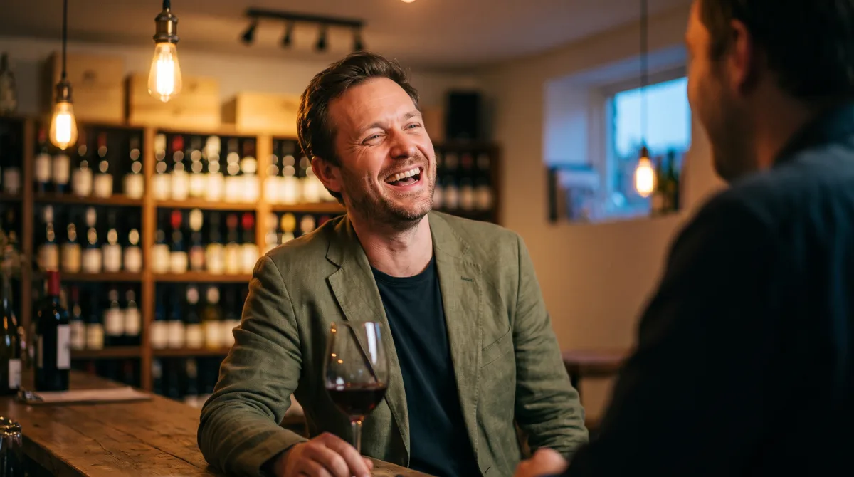 A man in his mid-30s laughing mid-conversation over a glass of wine at a bar counter in the evening
