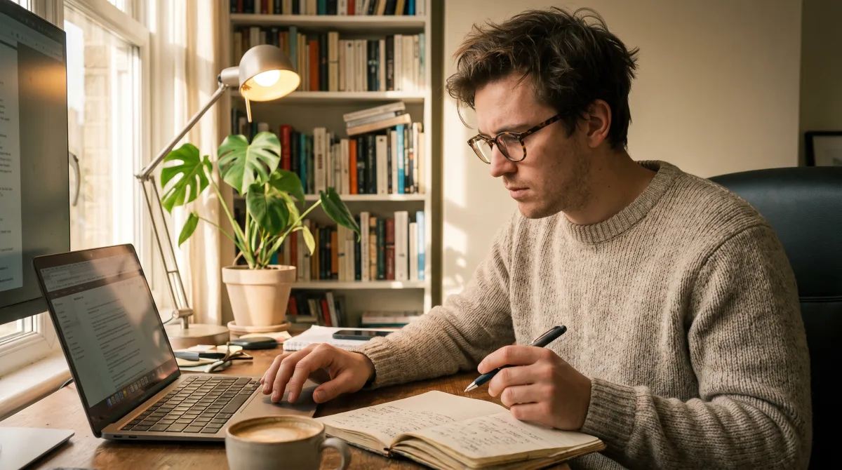 A young writer composing at a MacBook beside an open notebook in a sunlit home study with a modern bookshelf