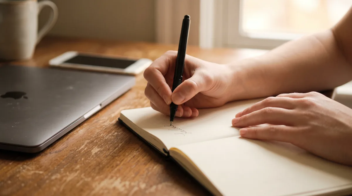 Close-up of a young writer's hands writing notes in a notebook beside a laptop and a coffee