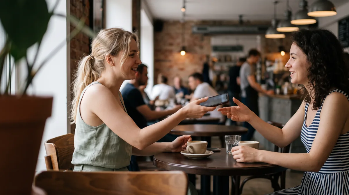 Two hands passing a phone across a café table mid-conversation on a warm late-August afternoon