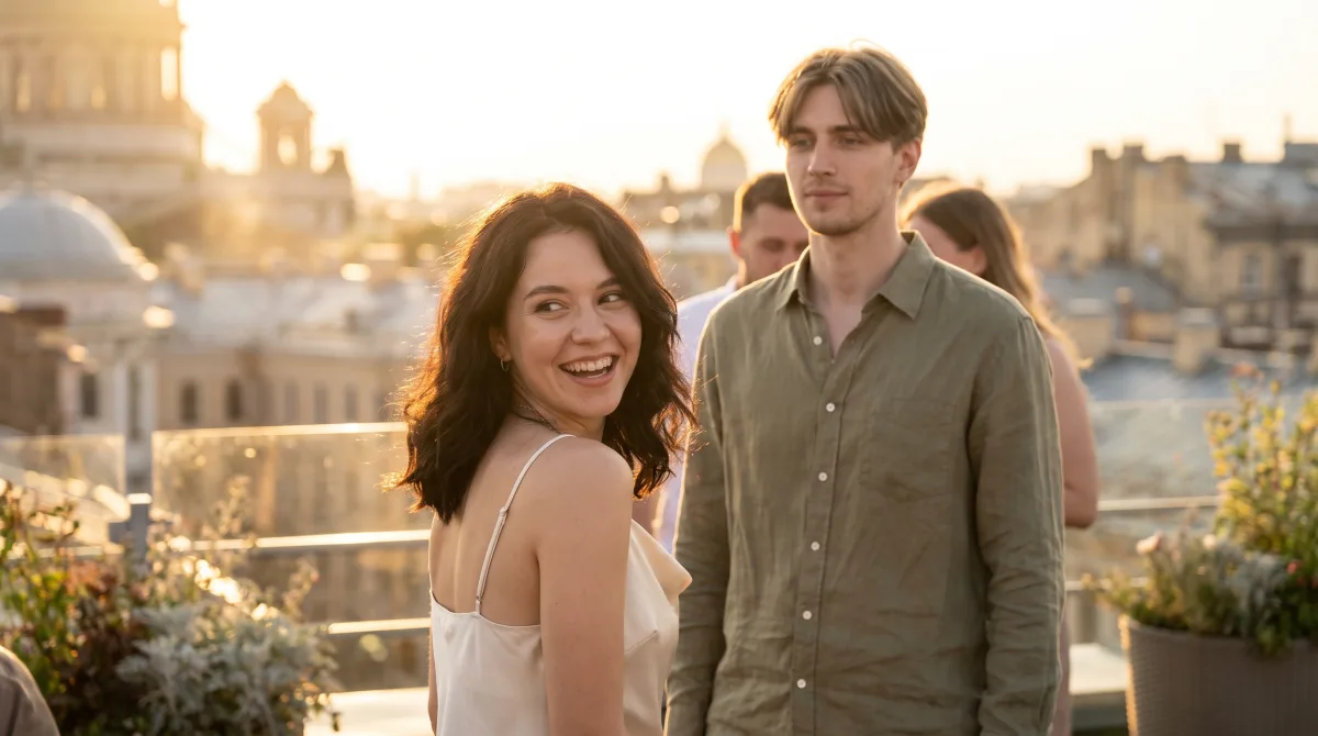 A young woman turning back to laugh at friends on a crowded rooftop terrace on a warm late-August evening