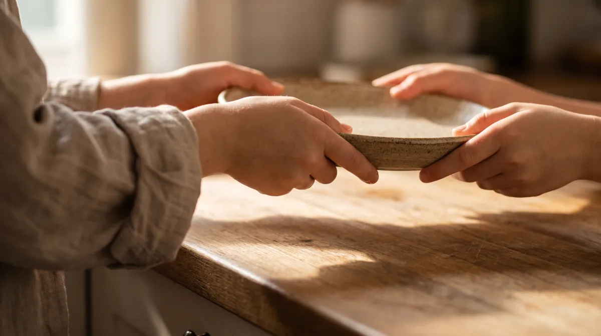 Two pairs of hands passing a shallow ceramic plate across a kitchen counter