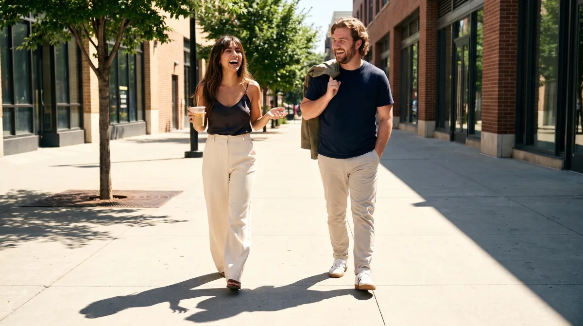 Two people laughing as they walk together, caught mid-stride on a city pavement