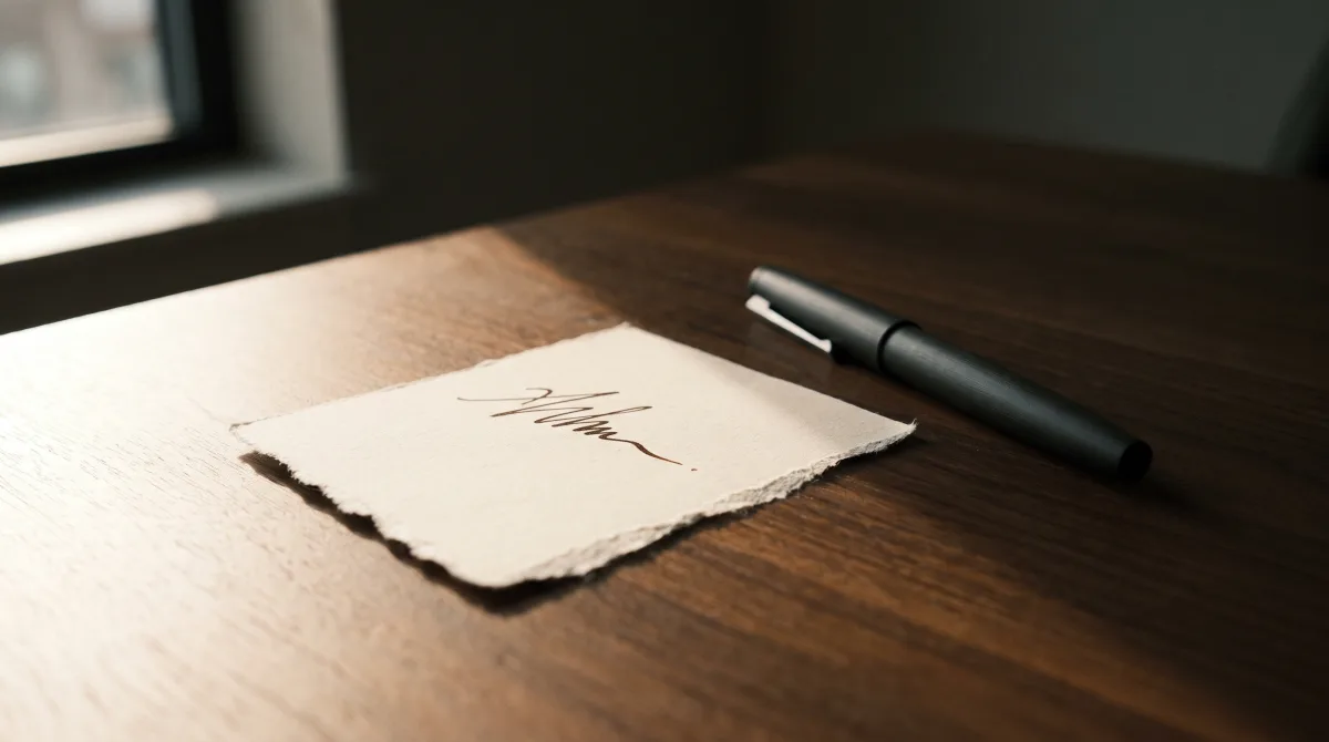 A single short line of handwriting on a torn scrap of paper, the strokes visible but the words unreadable