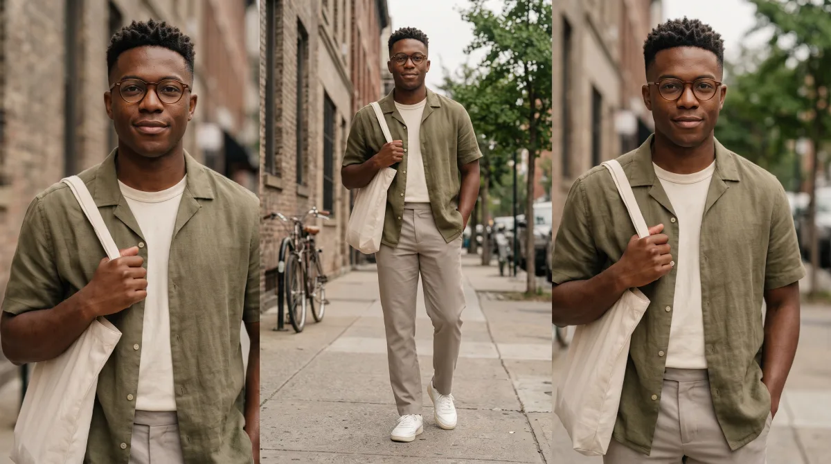 A young man stopped on a city street, half-smiling, looking straight into the camera in flat afternoon light