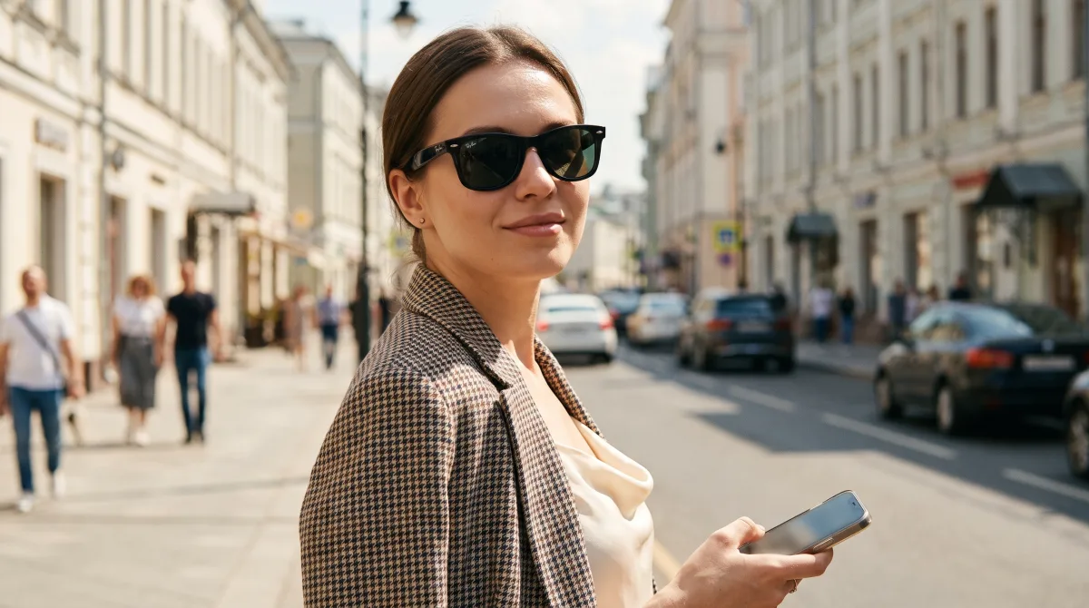 Portrait of a stylish young woman glancing back over her shoulder with a confident half-smile on a sunny street