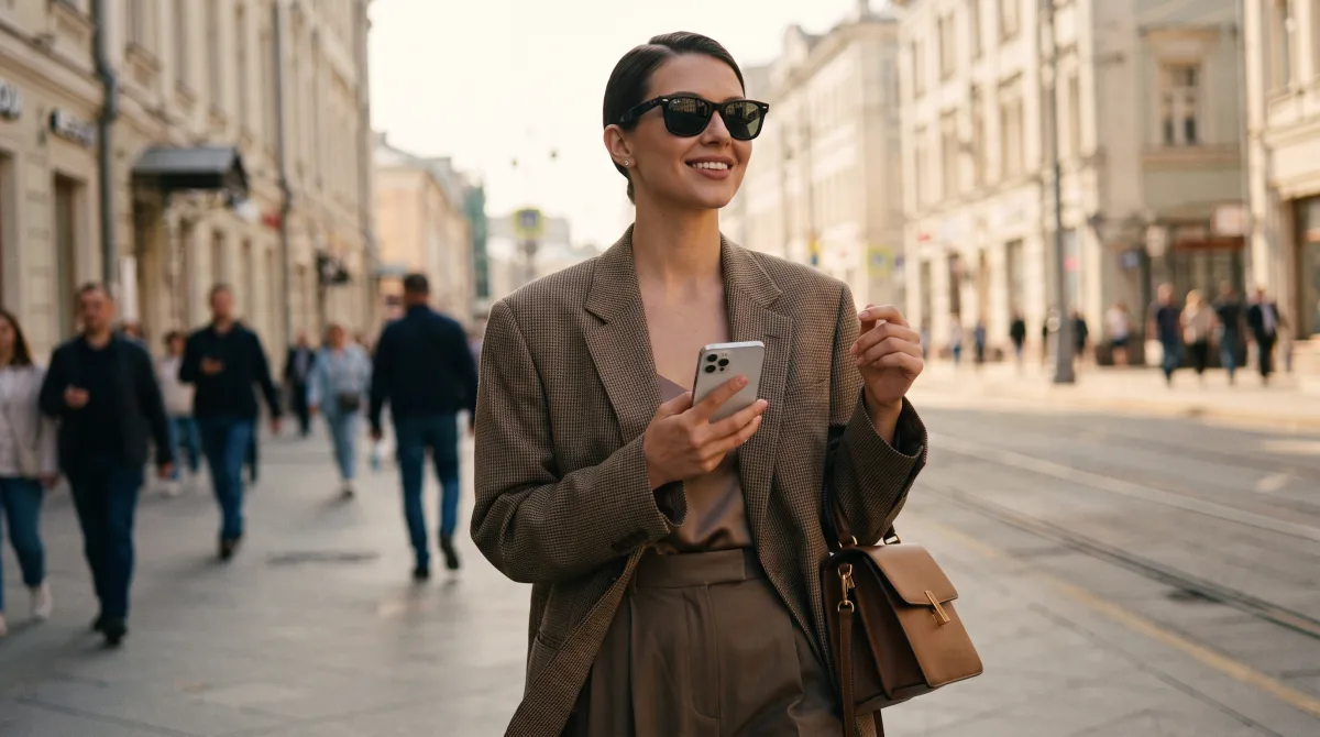 A stylish confident young woman in a statement jacket walking down a sunny city street mid-stride, on-trend and camera-aware