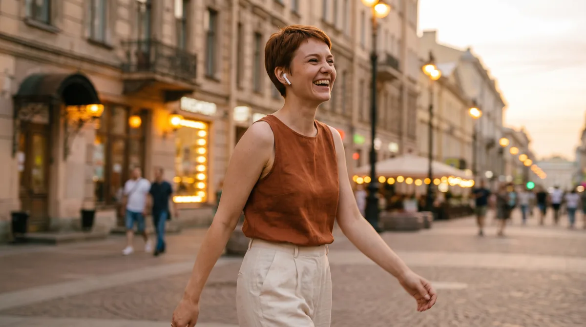 A young woman mid-stride on a city street at dusk, one earbud in, half-smiling at something ahead of her, motion blurring the background