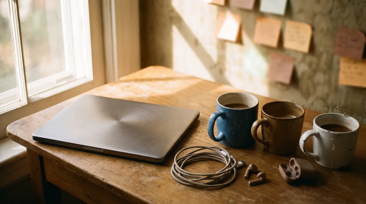 A closed laptop on a lived-in desk corner, three half-finished mugs, sticky notes out of focus in the background, a charging cable looped beside a lamp