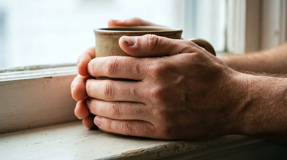 Close-up of two hands wrapped around a warm mug resting on a windowsill, soft daylight, no face visible