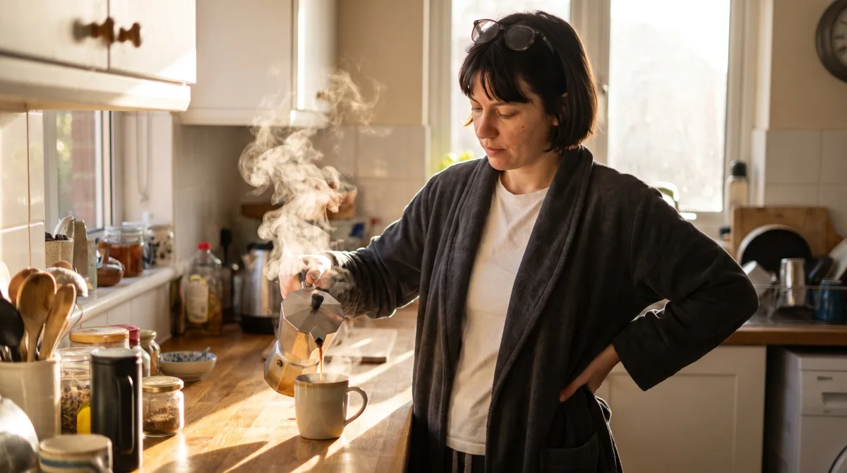 A woman in a sunlit kitchen pouring coffee, robe sleeve pushed back, steam rising, morning light across the counter