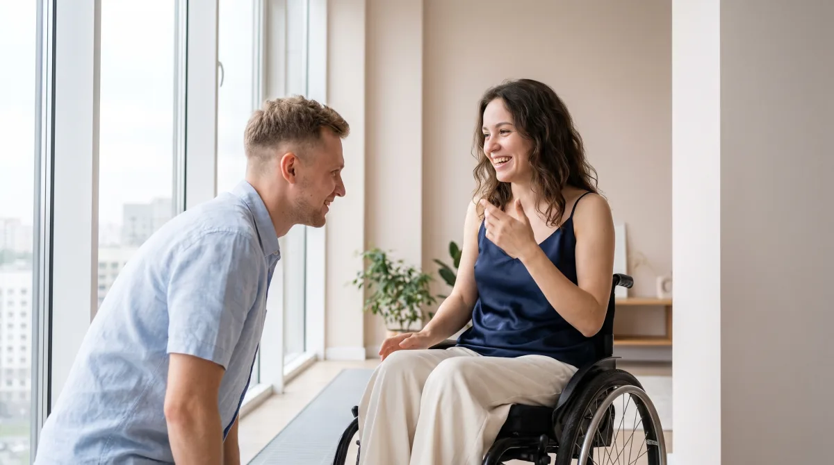 A couple leaning in mid-conversation beside floor-to-ceiling windows in a modern loft at dusk, one seated in a wheelchair
