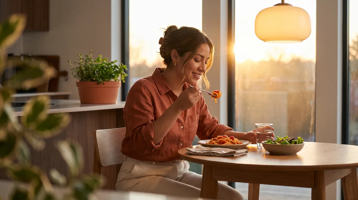 A woman eats dinner alone at a lit kitchen table, evening light behind her