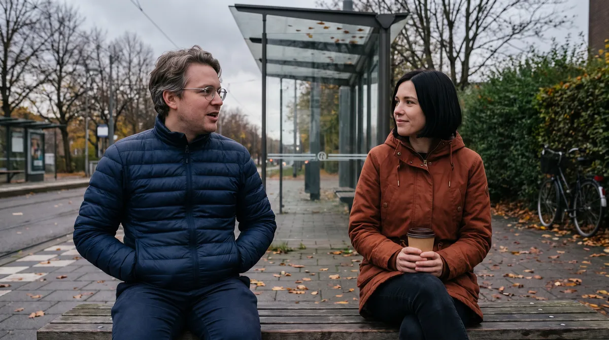 Two strangers share a bench at dusk, one mid-sentence, coats zipped against the cold