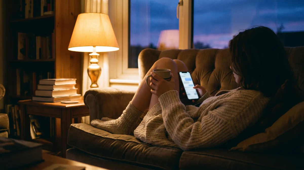 A person wrapped in a cardigan on a couch at dusk, tea in hand, reading a long message by lamplight