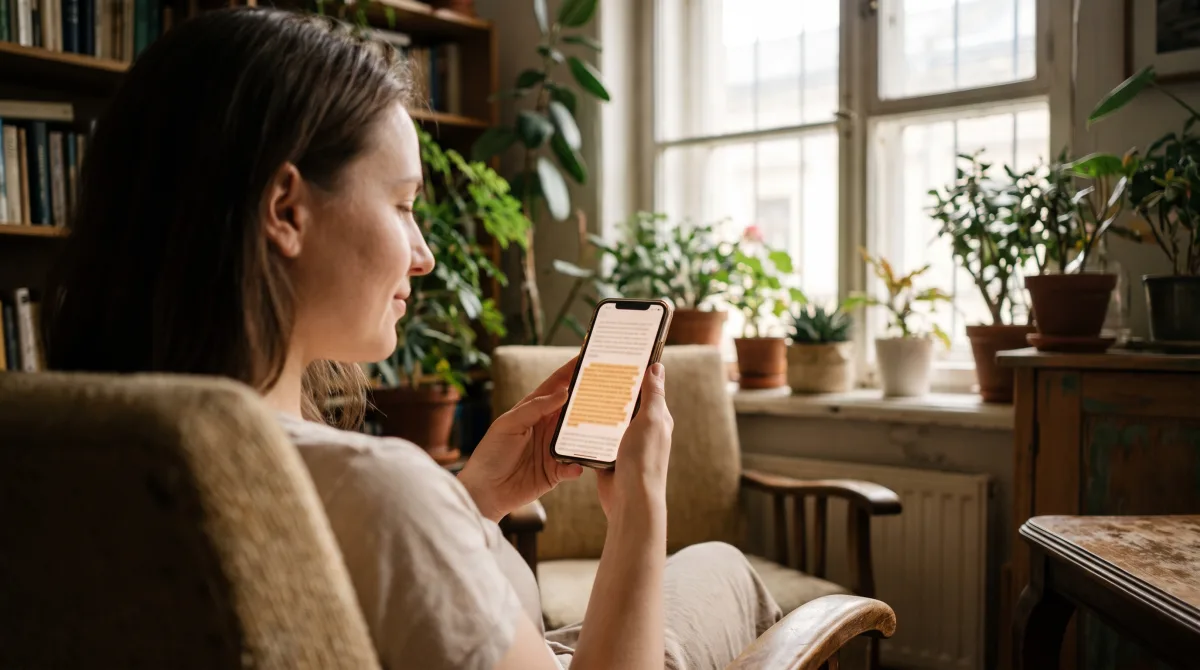 A woman by a bright window reading a screen of writing on her phone, no photos anywhere on it