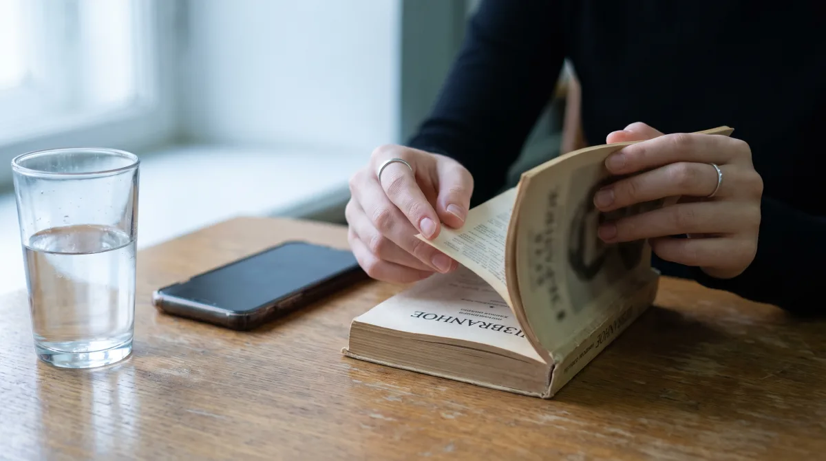 Close-up of hands turning a book page beside a face-down phone