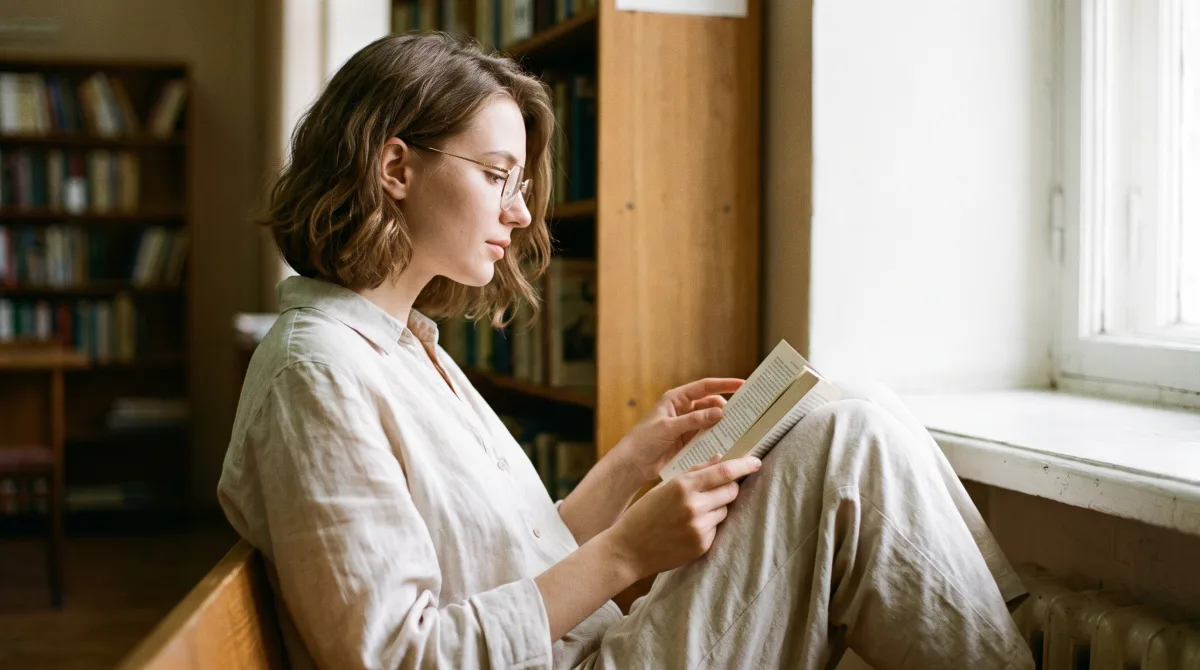 A young woman reading in a sunlit library — personality-first dating without photos