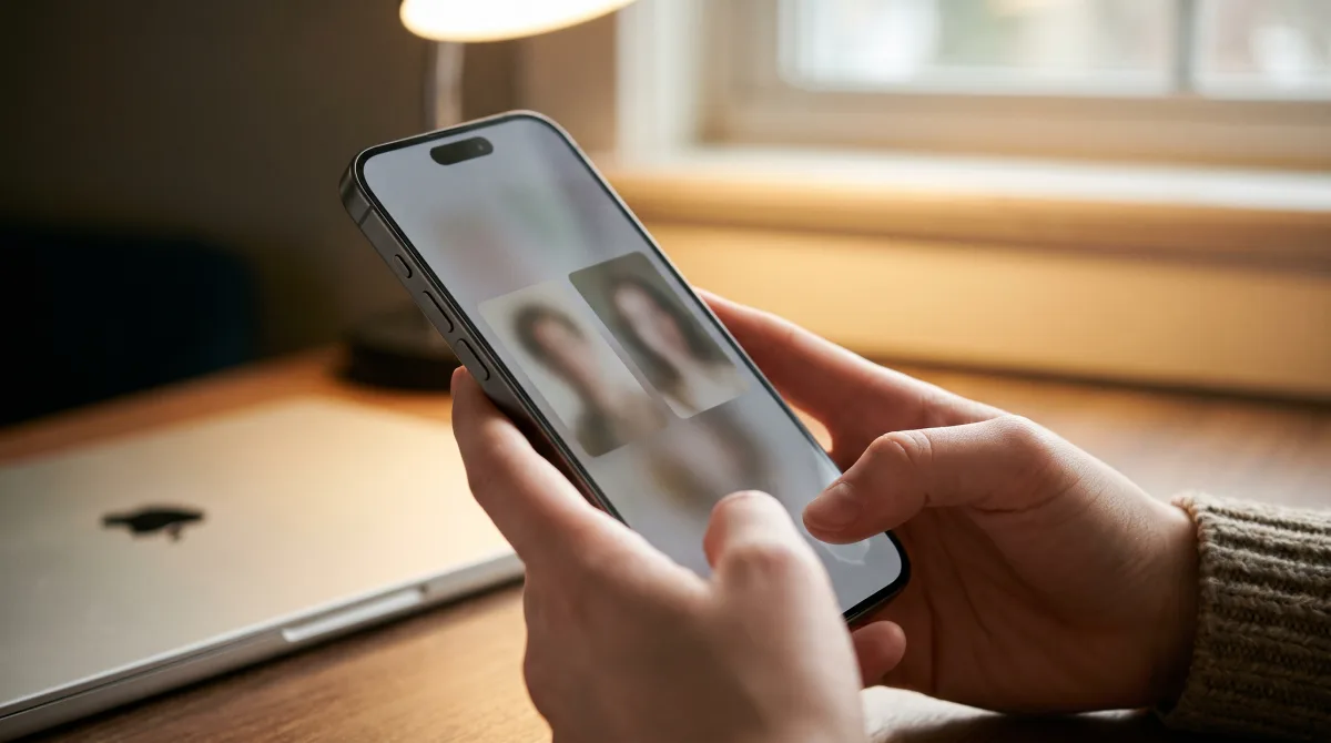 Close-up of young hands holding a phone showing two softly blurred side-by-side portraits being compared