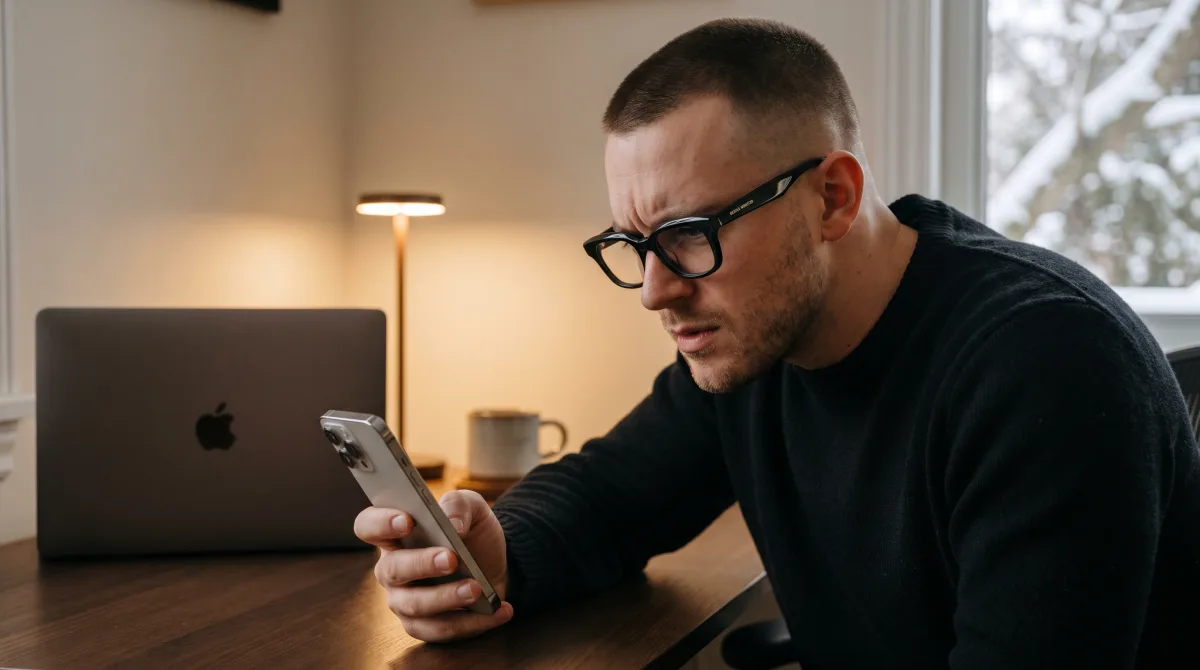 A fit young man at a home-office desk leaning in to scrutinize a photo on his phone with a skeptical expression