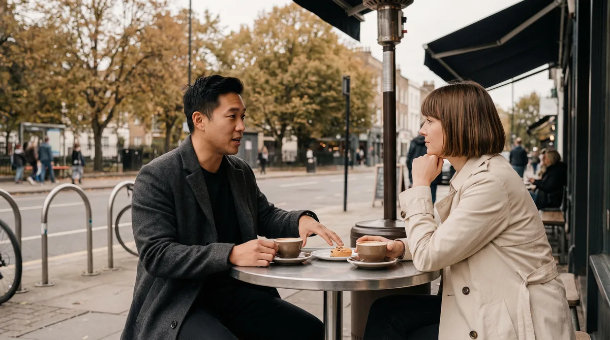 Two people sitting across a small outdoor café table in early evening light, one leaning forward mid-sentence while the other listens