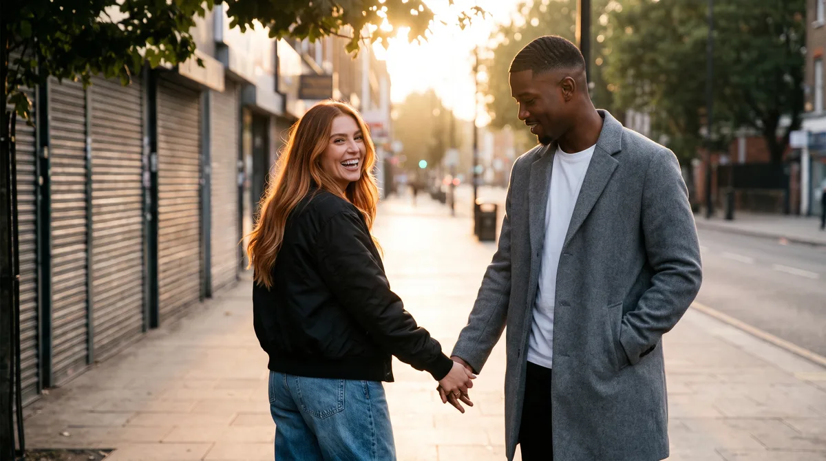 A couple standing close together on an empty sidewalk at dusk, one turning to face the other mid-conversation