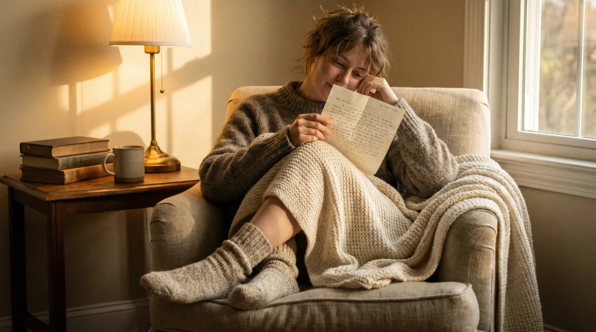 Someone re-reading a heartfelt written letter in an armchair — connection that grows from words first