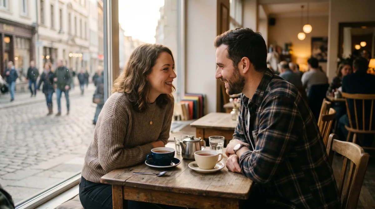 Two people in an unhurried café conversation at golden hour — emotional connection before attraction