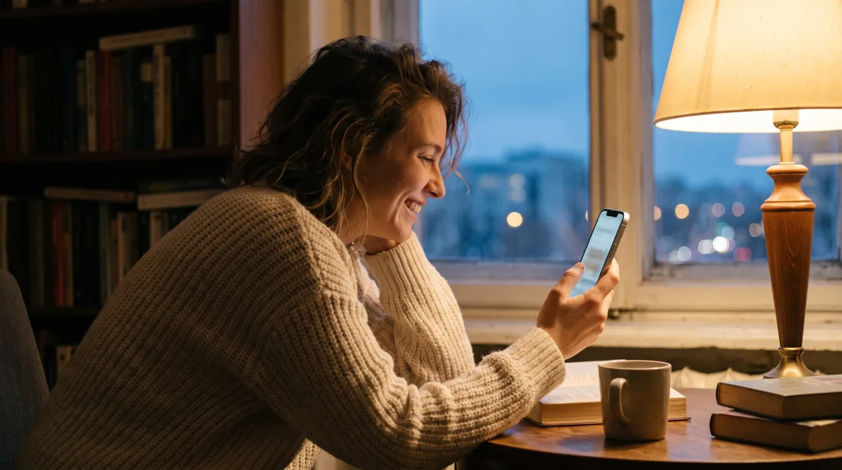 A young person leaning into a warm video call home by a lamp on a winter evening abroad