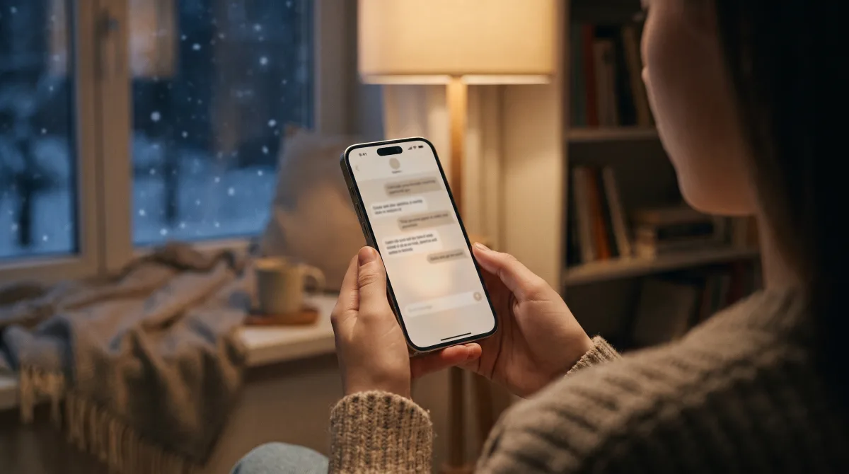 Close-up of young hands holding a phone on a call home under a warm apartment lamp