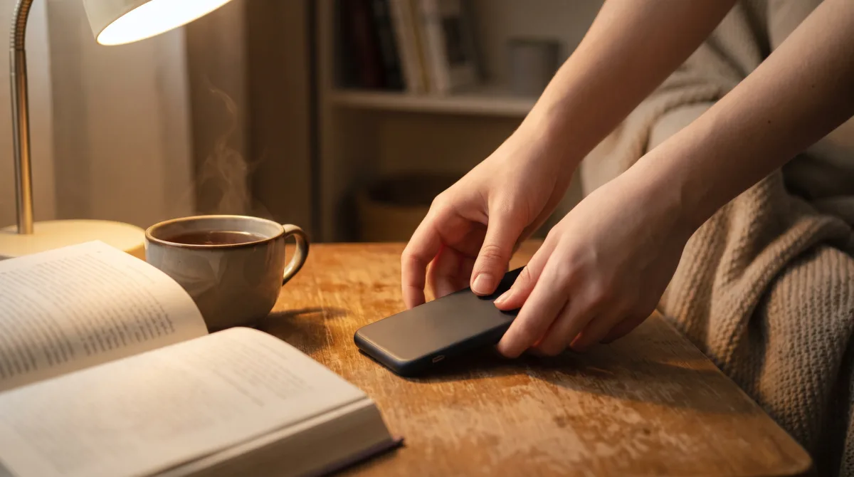 Close-up of young hands placing a phone face-down beside tea and a book in warm lamplight
